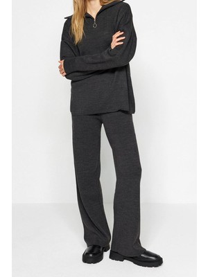 FRM Kadın Moda Şık Regular Boy Uzun Kollu Geniş Kalıp Fermuarlı Triko Alt-Üst Takım