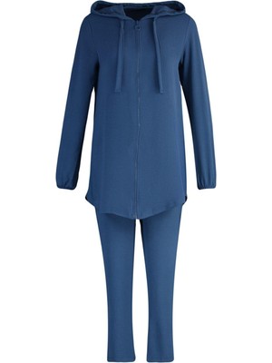 FRM Kadın Moda Şık Boru Paça Uzun Kollu Kapüşonlu Fermuarlı Hırka- Pantolon Dokuma Alt-Üst Takım