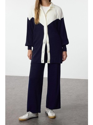 FRM Kadın Moda Şık Geniş Paça Uzun Kollu Renk Bloklu Ribana Hırka-Pantolon Triko Alt-Üst Takım