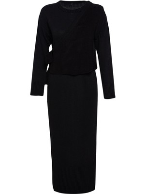 FRM Kadın Moda Şık Regular Uzun Boy Uzun Kollu Triko Hırka Elbise Alt-Üst Takım