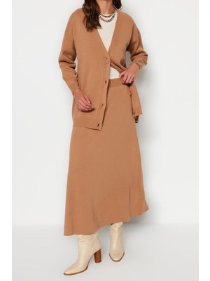 FRM Kadın Moda Şık Regular Uzun Boy Uzun Kollu Hırka-Etek Triko Takım