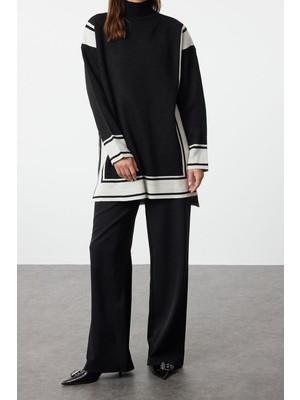 FRM Kadın Moda Şık Regular Boy Uzun Kollu Rahat Kesim Triko Çizgili Tunik-Pantolon Alt-Üst Takım