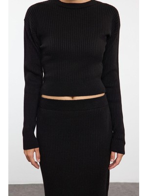 Ersefa Tarz Kadın Modern Moda Normal Bel Geniş Paça Bisiklet Yaka Crop Etekli Triko Alt-Üst Takım