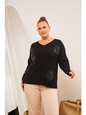 Rmg Büyük Beden Önü Taşlı Triko Bluz Siyah