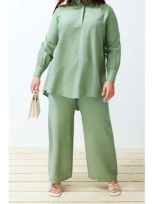 Ersefa Tarz Kadın Yüksek Bel Geniş Paça Gömlek Yaka Yarım Gizli Patlı Omuz Detaylı Tunik-Pantolon Takım