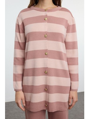 Ersefa Tarz Kadın Modern Moda Normal Bel Boru Paça V Yaka Çizgili Triko Hırka Pantolon Alt-Üst Takım