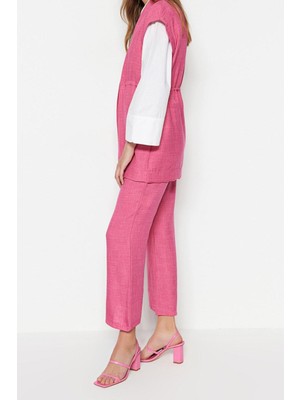 Ersefa Tarz Kadın Yüksek Bel Boru Paça Ceket Yaka Içten Bağlamalı Keten Görünümlü Kimono-Pantolon Takım