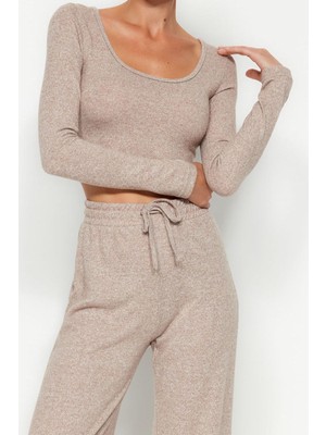 Ersefa Tarz Kadın Yüksek Bel Geniş Paça Havuz Yaka Yumoş Crop ve Wide Leg Geniş Paça Örme Alt Üst Takım