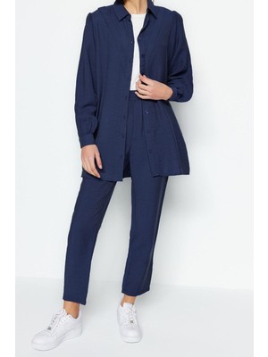 Ersefa Tarz Kadın Modern Normal Bel Geniş Paça Gömlek Yaka Keten Görünümlü Gömlek-Pantolon Dokuma Takım