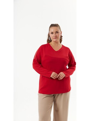 Rmg Büyük Beden Omuz ve Sırt Taş Detay Örme Bluz Kırmızı