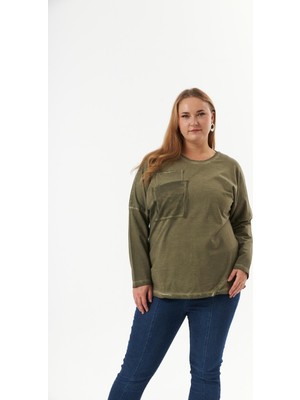 Büyük Beden Cep Detay Parça Boya Sweatshirt Haki