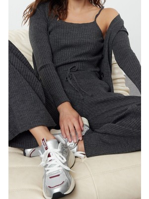 FRM Kadın Moda Şık Geniş Paça Crop Boy Uzun Kollu Fitillli Bluz Hırka Pantolon Triko Alt-Üst Takım