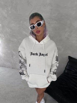 Tarz Yeri Üç Iplik Uzun Kol Kapşonlu Baskılı Sweatshirt - Beyaz