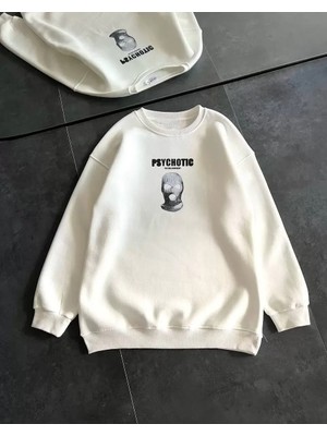 Tarz Yeri Kışlık Bisiklet Yaka Baskılı Sweatshirt - Beyaz