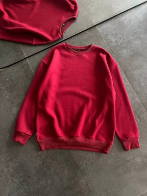 Tarz Yeri Kışlık Bisiklet Yaka Üç Iplik Basic Sweatshirt - Bordo