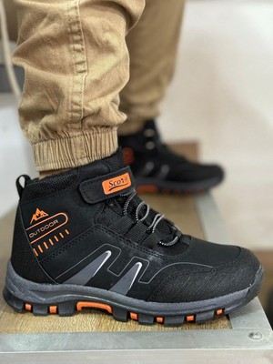 Bantlı Unisex Uzun Çocuk Spor Outdoor Ayakkabı-Siyah-Oranj