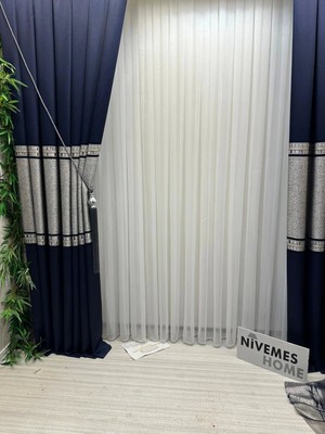 Nivemes Home Bambu Simli Beyaz Tül Perde 1/3 Sık Pileli Polyester Kumaş Düz Desen