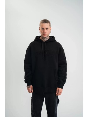 Tarz Yeri Double Oversize Kapşonlu Nakışlı Sweatshirt - Siyah