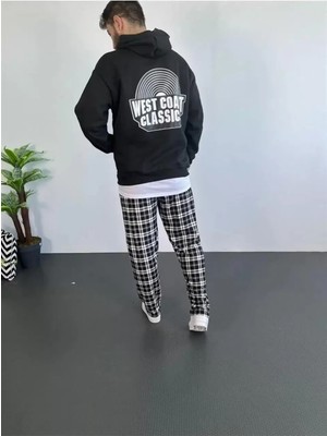 Erkek Sırt Baskılı Kapüşonlu Üç Iplik Oversize Sweatshirt - Siyah