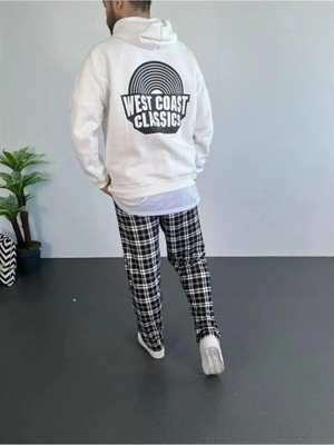 Erkek Baskılı Üç Iplik Kapüşonlu Oversize Sweatshirt - Beyaz