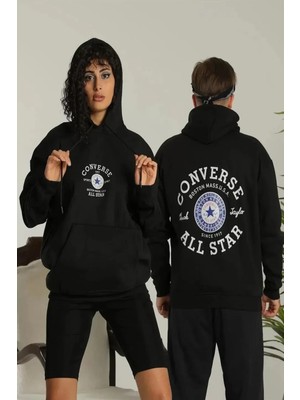 Erkek Sırt Baskılı Oversize Üç Iplik Kapüşonlu Hoodie Sweatshirt - Siyah