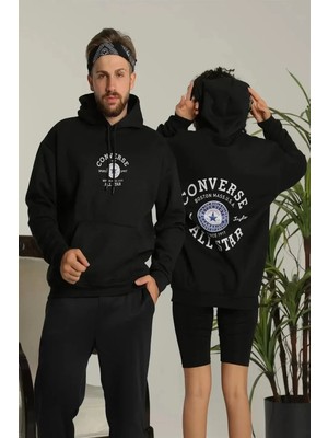 Erkek Sırt Baskılı Oversize Üç Iplik Kapüşonlu Hoodie Sweatshirt - Siyah