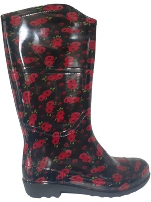 Emek Kadın Siyah Kırmızı Çiçekli 35 cm Uzun Bahçe Yağmur Çizmesi EMKK309-210