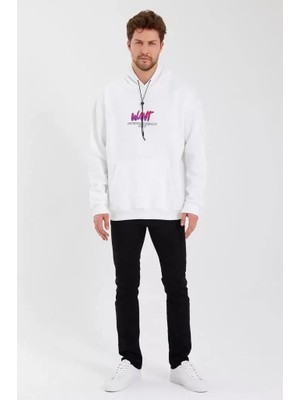 Erkek Baskılı Üç Iplik Kapüşonlu Oversize Sweatshirt - Beyaz