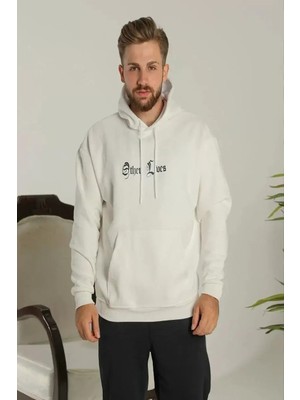 Erkek Sırt Baskılı Oversize Üç Iplik Kapüşonlu Sweatshirt - Beyaz