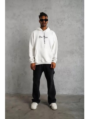 Erkek Sırt Baskılı Oversize Üç Iplik Kapüşonlu Sweatshirt - Beyaz