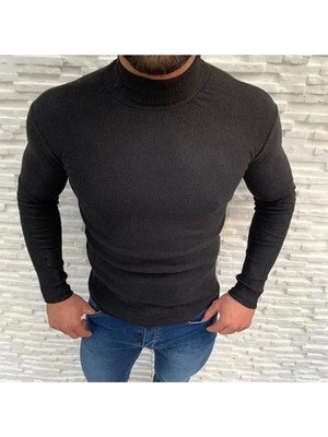 Koflandy Erkek Kaşkorse Boğazlı Full Likralı Fitilli Body Kazak - Siyah