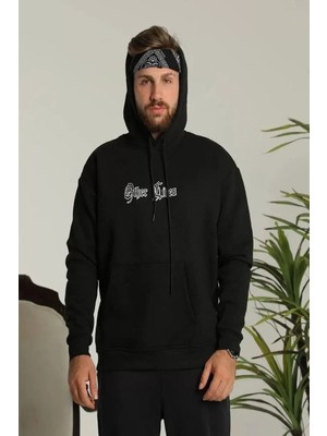 Erkek Sırt Baskılı Oversize Üç Iplik Kapüşonlu Sweatshirt - Siyah