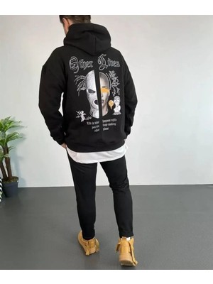 Erkek Sırt Baskılı Oversize Üç Iplik Kapüşonlu Sweatshirt - Siyah