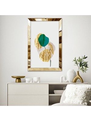 Zevahir Mobilya Dekorasyon Gold Aynalı Pleksi Çerçeveli Yeşil ve Altın Renkli Modern Yapraklar Tablosu