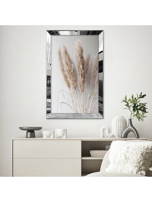 Zevahir Mobilya Dekorasyon Gümüş Aynalı Pleksi Çerçeveli Altın Sarısı Gri Kuru Yaprak Desenli Çizim Tablo