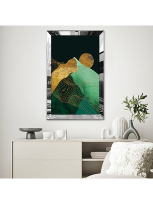 Zevahir Mobilya Dekorasyon Gümüş Aynalı Pleksi Çerçeveli Altın ve Yeşil Renkli Dağ Manzarası ve Dolunay Tablosu