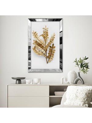 Zevahir Mobilya Dekorasyon Gümüş Aynalı Pleksi Çerçeveli Minimalist  Beyaz Bej Altın Sarısı Yapraklı Çizim Tablo