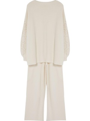 FRM Kadın Moda Şık Geniş Paça Regular Boy Uzun Kollu Kolları Ajur Örgülü Kazak-Pantolon Triko Takım