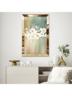 Zevahir Mobilya Dekorasyon Gold Aynalı Pleksi Çerçeveli Modern Altın Sarısı Beyaz Çiçek Desenli Soyut Çizim Tablo