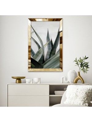 Zevahir Mobilya Dekorasyon Gold Aynalı Pleksi Çerçeveli Modern Zarif Gri Yeşil Yaprak Desenli Soyut Çizim Tablo