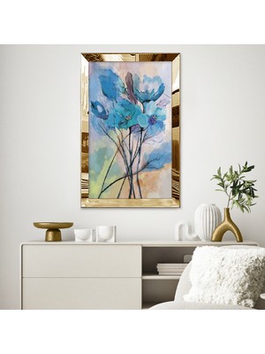 Zevahir Mobilya Dekorasyon Gold Aynalı Pleksi Çerçeveli Suluboya Tarzında Mavi Renkli Çiçekler Tablosu
