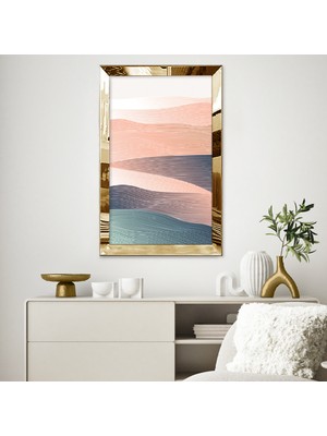 Zevahir Mobilya Dekorasyon Gold Aynalı Pleksi Çerçeveli Pembe ve Mavi Renkli Çizgili Soyut Tasarım Tablosu