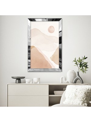 Zevahir Mobilya Dekorasyon Gümüş Aynalı Pleksi Çerçeveli Boho Sanatında Bej Renkli Soyut Manzara Tablosu