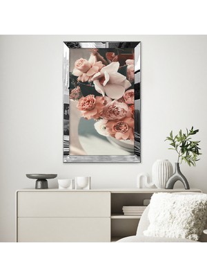 Zevahir Mobilya Dekorasyon Gümüş Aynalı Pleksi Çerçeveli Pembe Çiçekler Tablosu