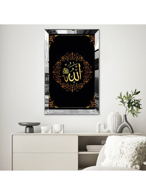 Zevahir Mobilya Dekorasyon Gümüş Aynalı Pleksi Çerçeveli Çiçek Desen Çerçeveli Allah (Cc) Yazısı Tablosu