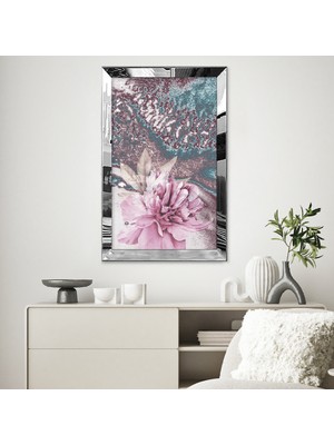 Zevahir Mobilya Dekorasyon Gümüş Aynalı Pleksi Çerçeveli Karışık Desenli Pembe Çiçek Tablosu