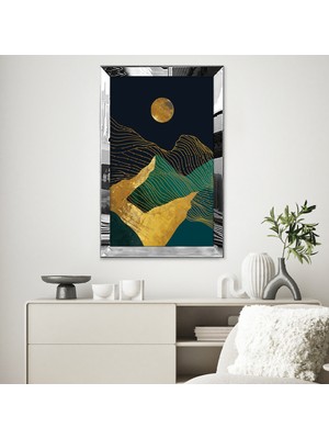 Zevahir Mobilya Dekorasyon Gümüş Aynalı Pleksi Çerçeveli Çizgi Desenli Altın ve Yeşil Manzara Tasarımı Tablosu