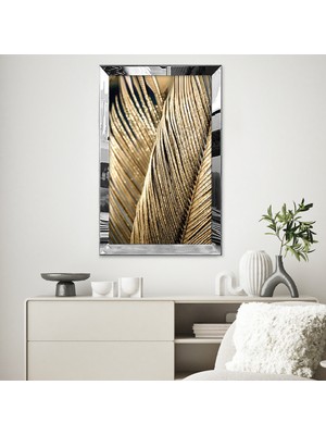 Zevahir Mobilya Dekorasyon Gümüş Aynalı Pleksi Çerçeveli Minimalist Siyah Altın Sarısı Palmiye Desenli Soyut Çizim Tablo