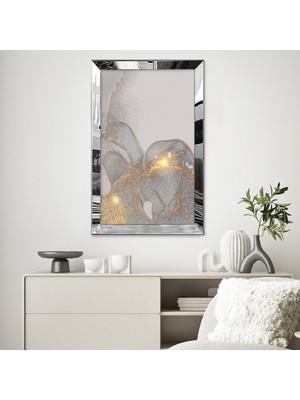 Zevahir Mobilya Dekorasyon Gümüş Aynalı Pleksi Çerçeveli Gri ve Altın Renkli Minimal Soyut Tasarım Tablosu