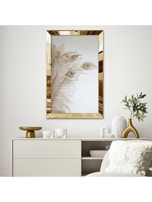 Zevahir Mobilya Dekorasyon Gold Aynalı Pleksi Çerçeveli Modern Beyaz Altın Sarısı Tavus Tüyü Desenli Çizim Tablo